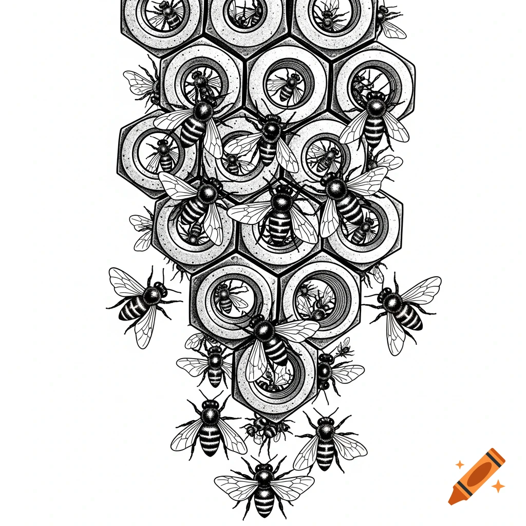 Black and white ink drawing depicting a hexagonal honeycomb-like structure made of mechanical nuts, with bees flying around and integrated into the design.