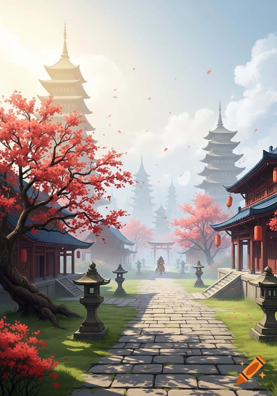 An illustrative view of an ancient Asian city with pagodas and traditional buildings, vibrant red cherry blossoms, and a stone path.