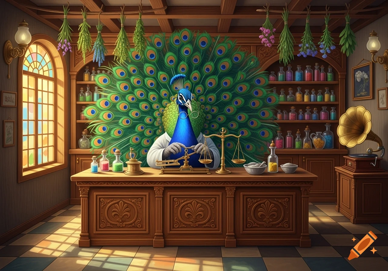 A peacock pharmacist in a lab coat and glasses weighs ingredients at a wooden counter in a vibrant, sunlit apothecary.