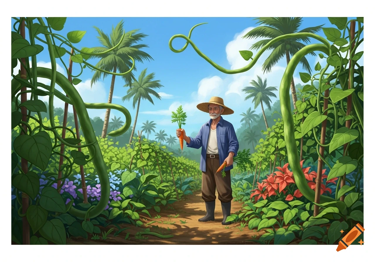An illustration of a smiling old farmer wearing a straw hat and holding carrots in a lush tropical farm with giant beanstalks and palm trees.