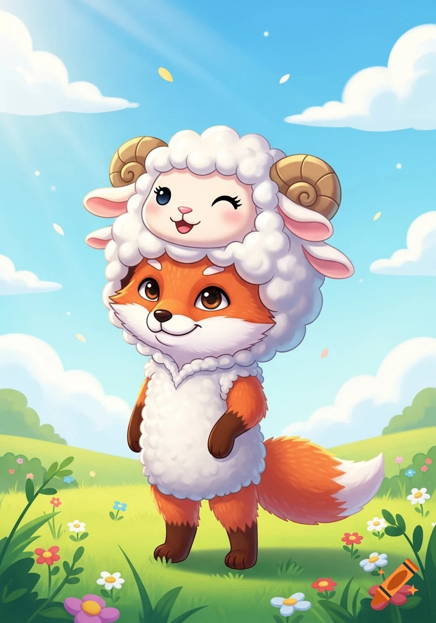 A cute cartoon fox in a sheep costume stands in a sunny green meadow with flowers. The sheep head winks while the fox looks cunning.