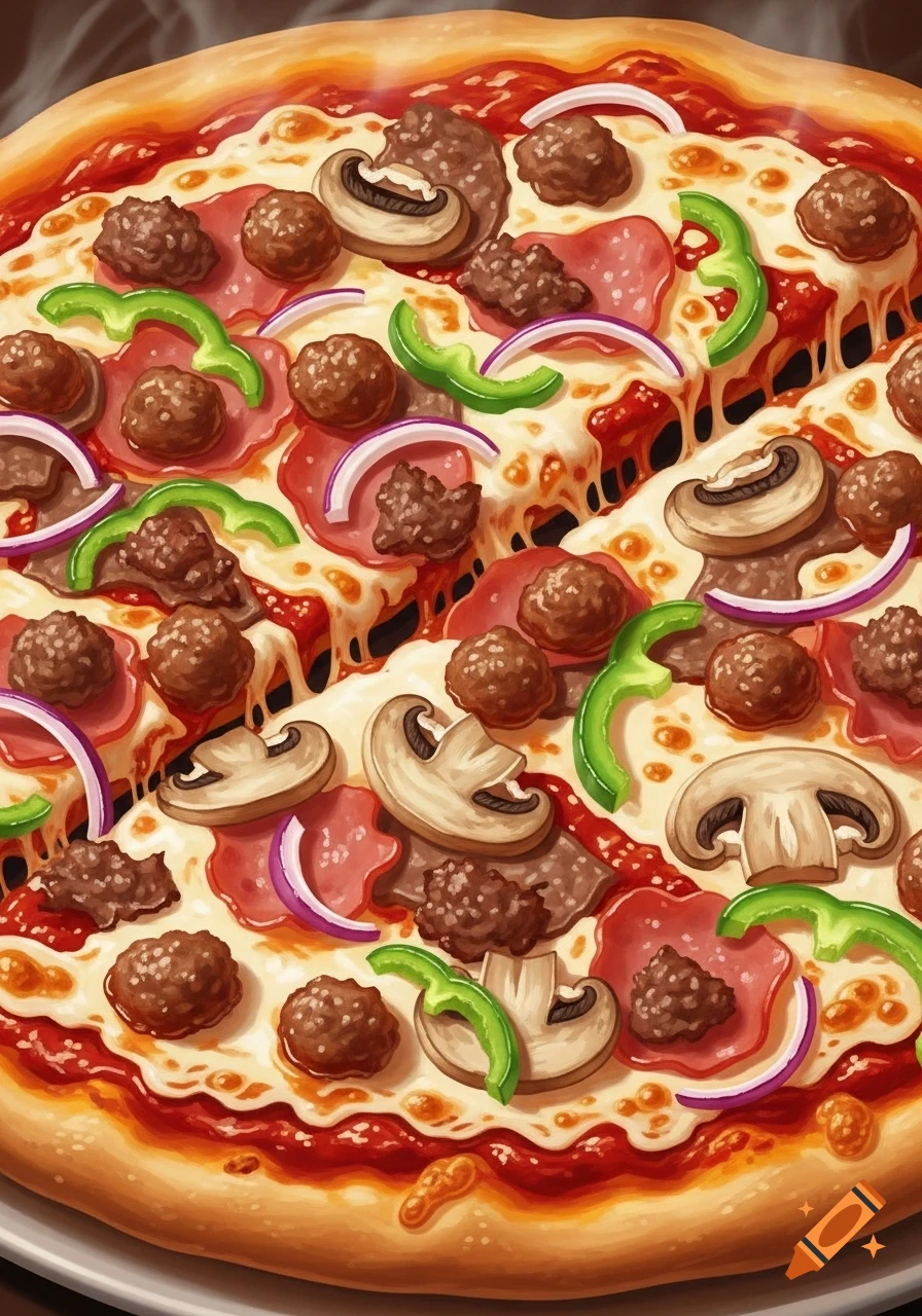 A close-up, photorealistic image of a large pizza topped with marinara sauce, melted mozzarella, ham, beef, sausage, sliced mushrooms, red onions, and green bell peppers.