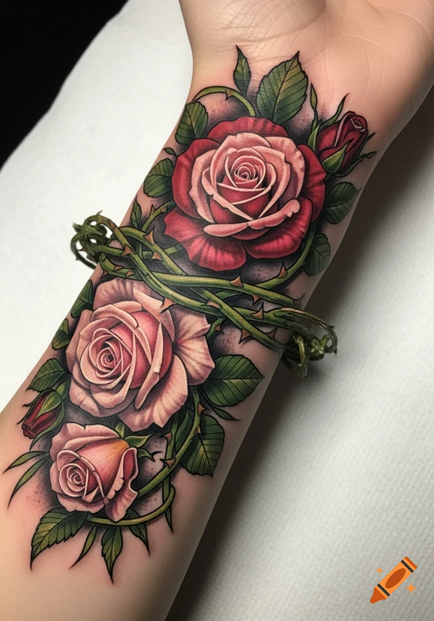 A vibrant tattoo of pink and red roses with green leaves and thorny vines wrapped around a person's forearm and wrist.