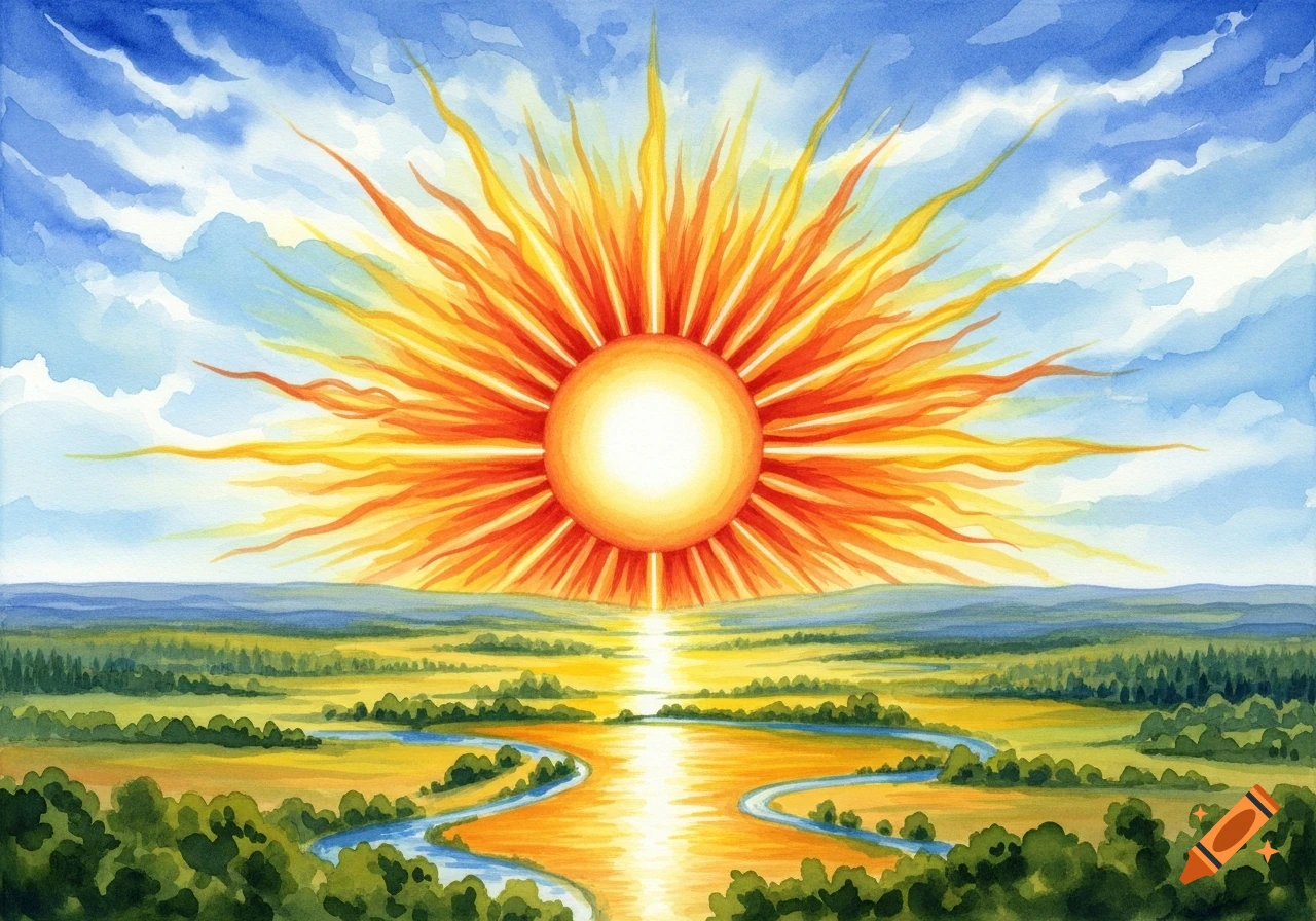 A vibrant watercolor painting of a radiant sun over a lush green and yellow landscape with a winding blue river reflecting the sunlight.