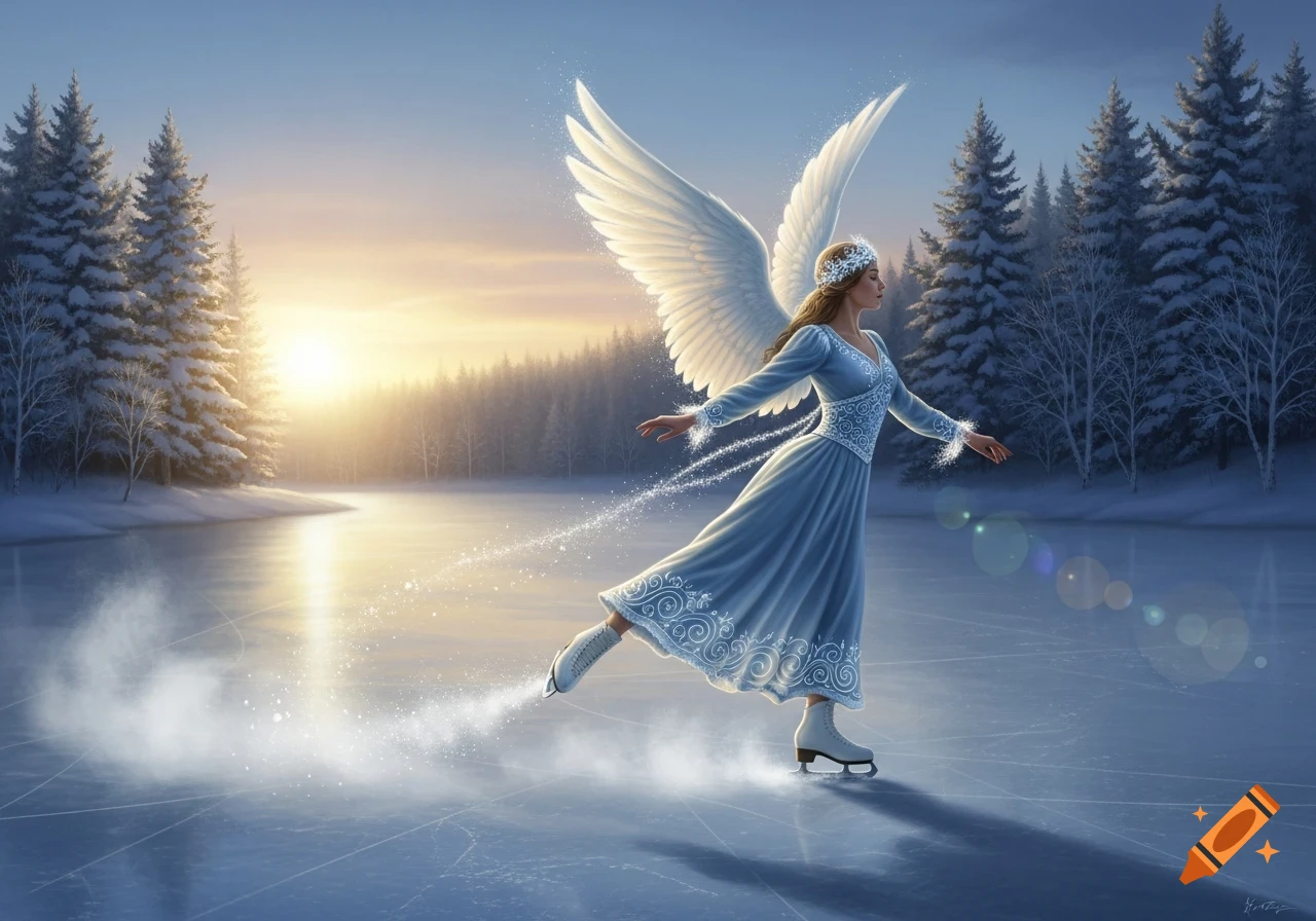 An angelic woman with wings gracefully ice skates on a frozen lake at sunset, leaving a sparkling trail behind her in a snowy forest.
