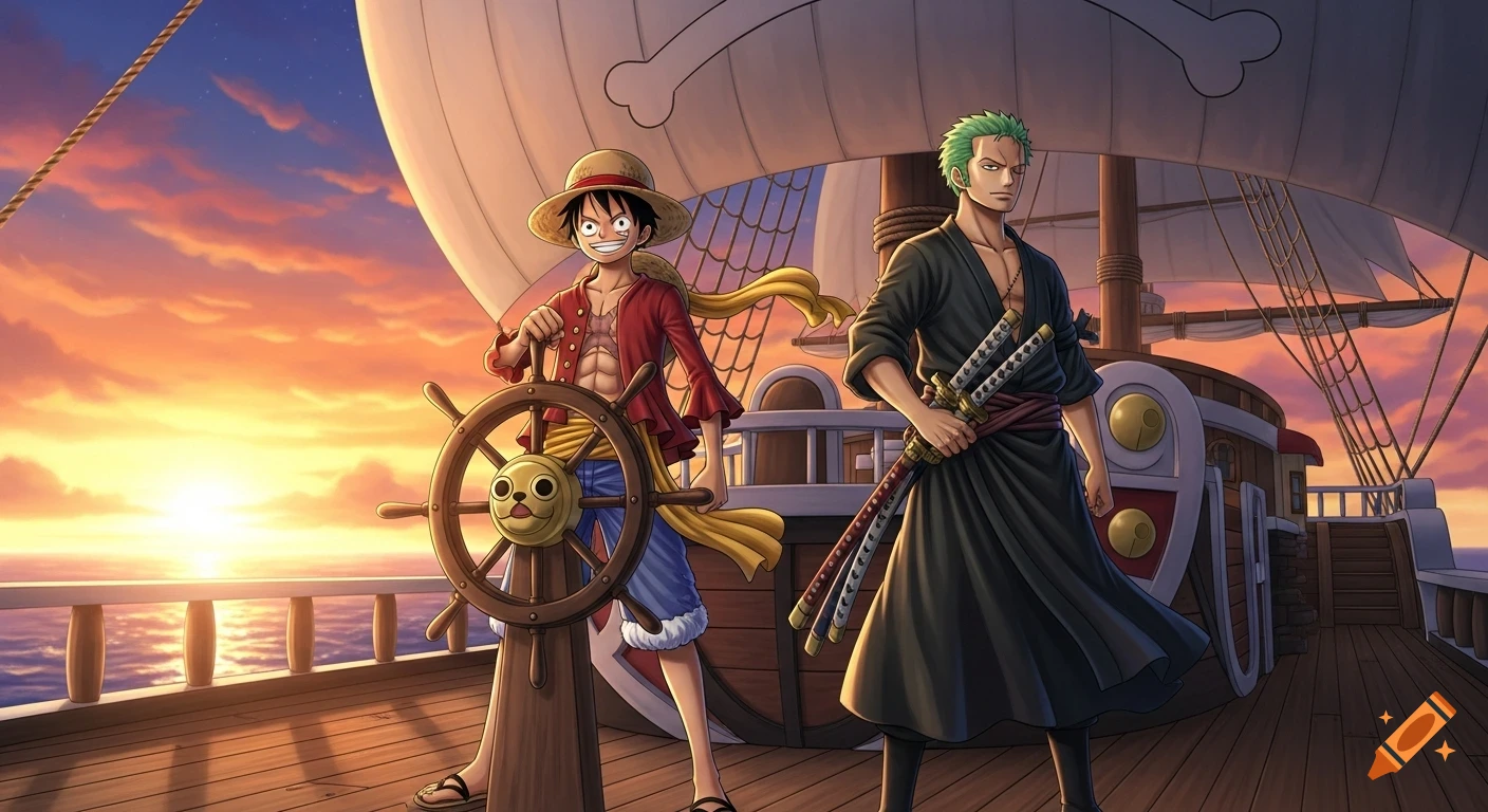 Anime illustration of Monkey D. Luffy at the helm of a pirate ship, with Roronoa Zoro standing beside him, at sunset.