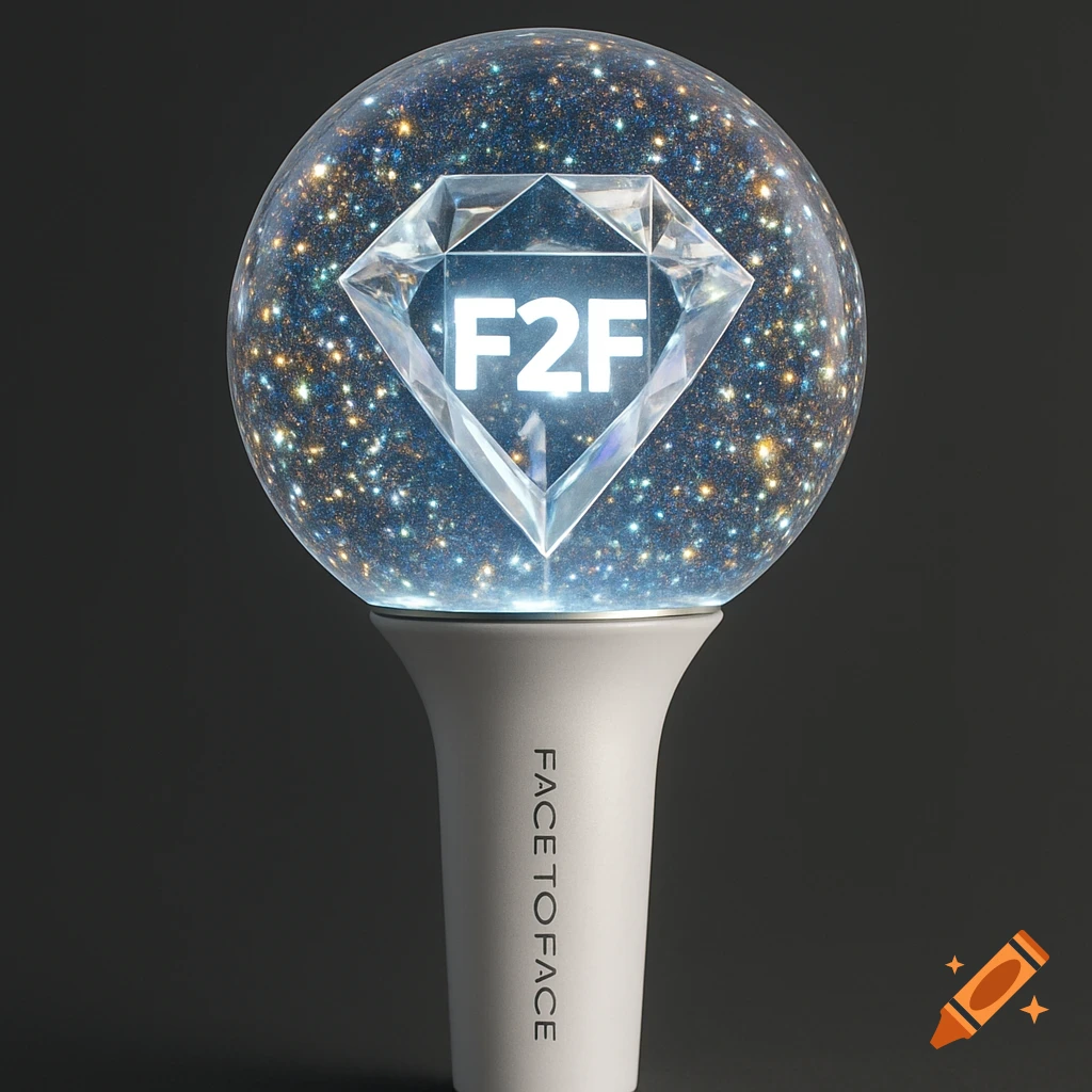 A K-Pop light stick with a clear globe full of glitter, featuring a glowing F2F diamond logo inside, and 'FACE TO FACE' text on the handle.