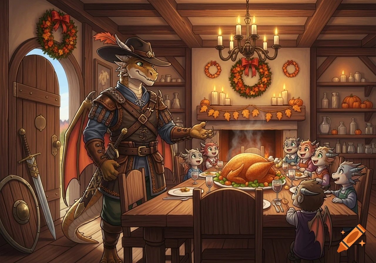 An adult anthropomorphic dragon in a traveler's outfit presents a steaming turkey to small dragon children in a rustic Thanksgiving dining room.