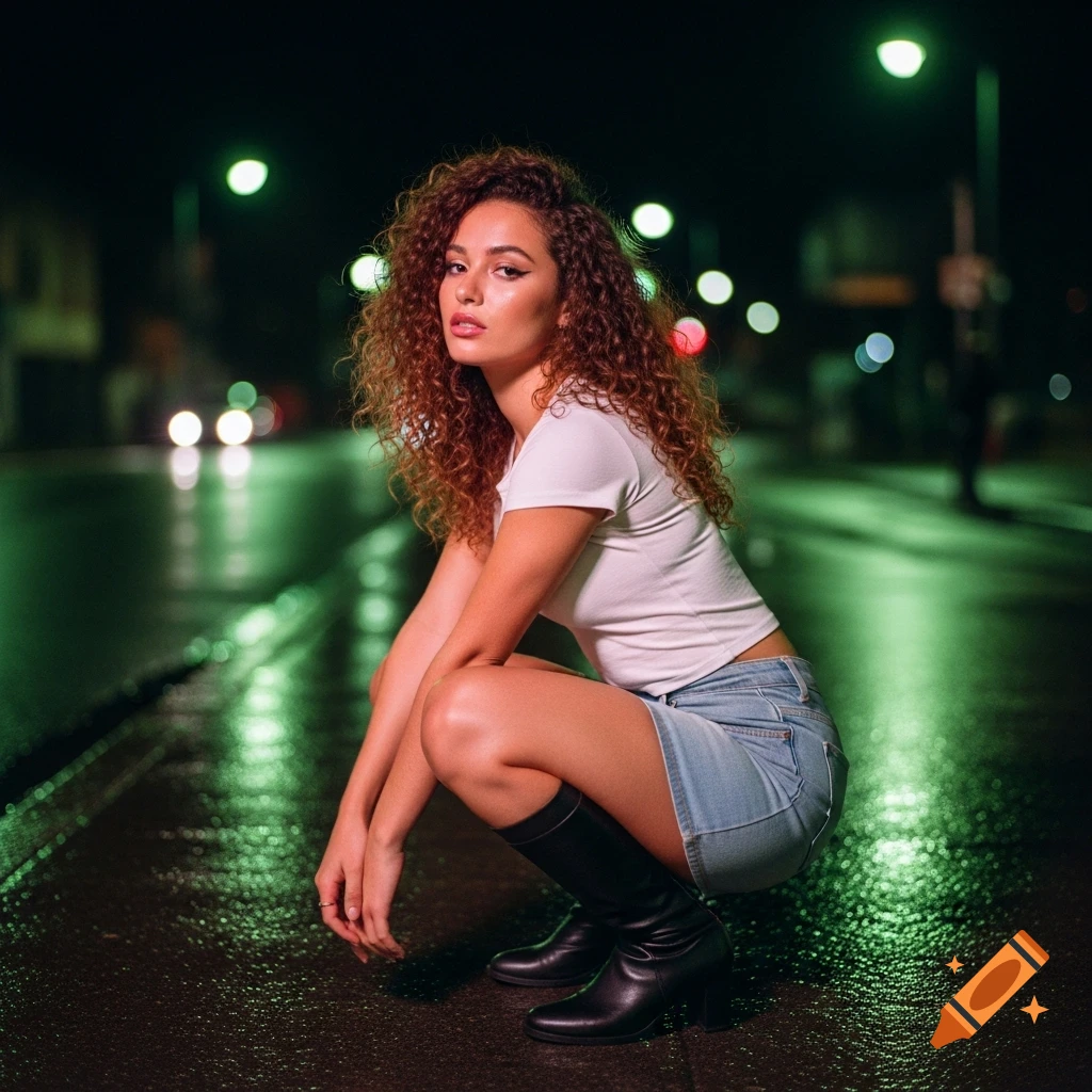 A woman with curly hair squats on a wet city street at night, illuminated by green streetlights, wearing a white t-shirt, denim skirt, and black boots, in a film photograph.