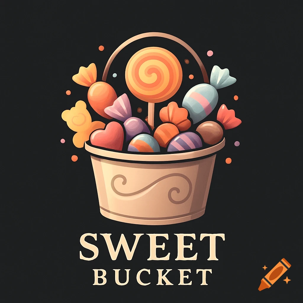 Illustration of a beige bucket overflowing with colorful candies and a lollipop, with the words 'SWEET BUCKET' below, on a dark background.