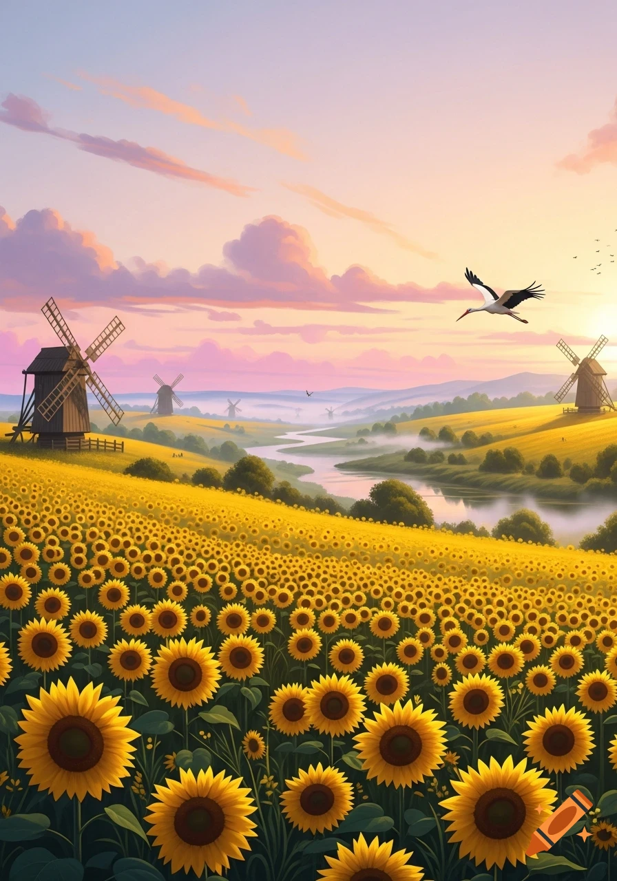 A vibrant sunflower field with windmills, a winding river, and a stork flying under a colorful sunset sky.
