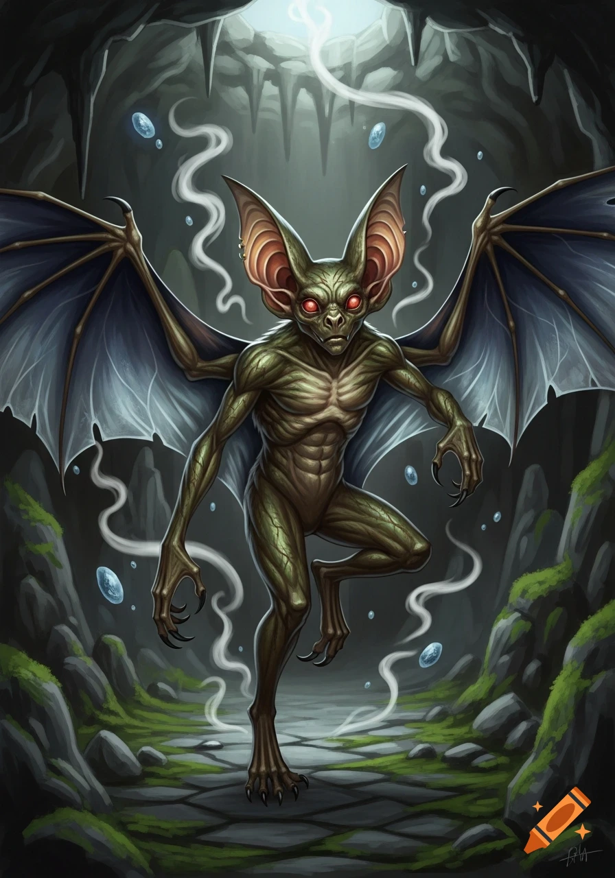 A green-skinned, bat-winged creature with large ears and glowing red eyes stands in a misty, rocky cave.