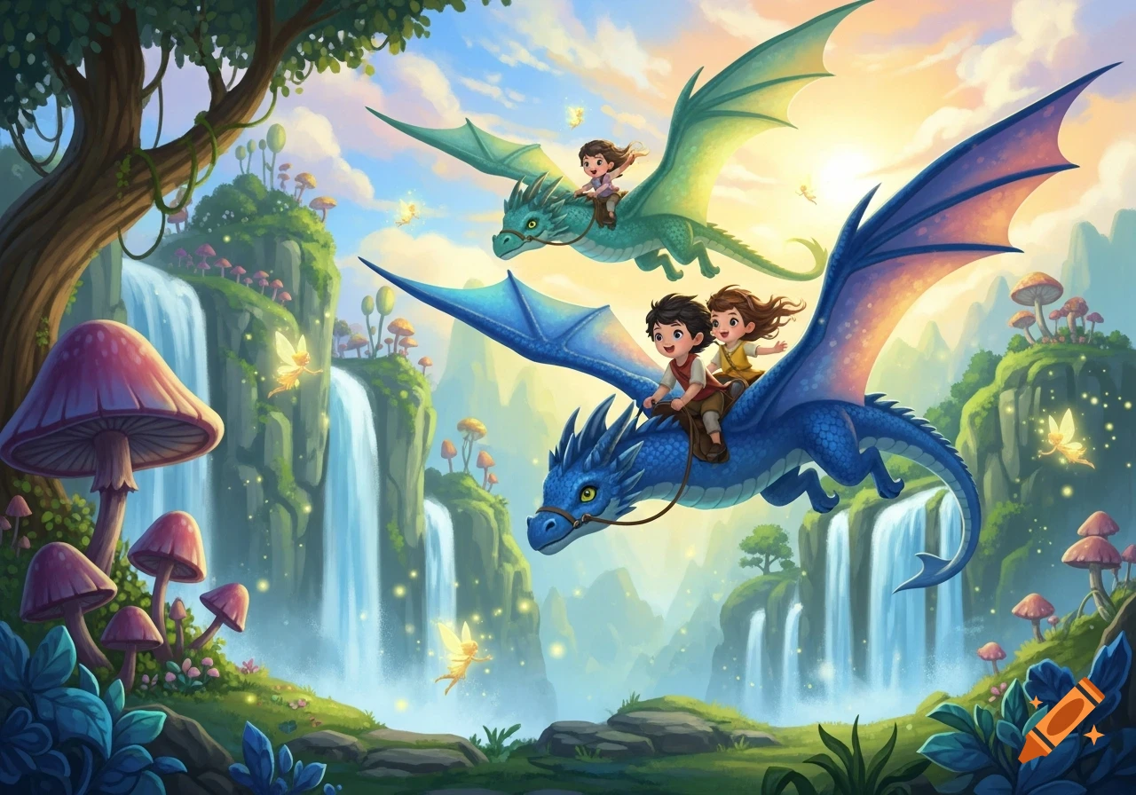 Two children ride flying dragons over a magical landscape with waterfalls, glowing fairies, and giant mushrooms, in an illustration style.
