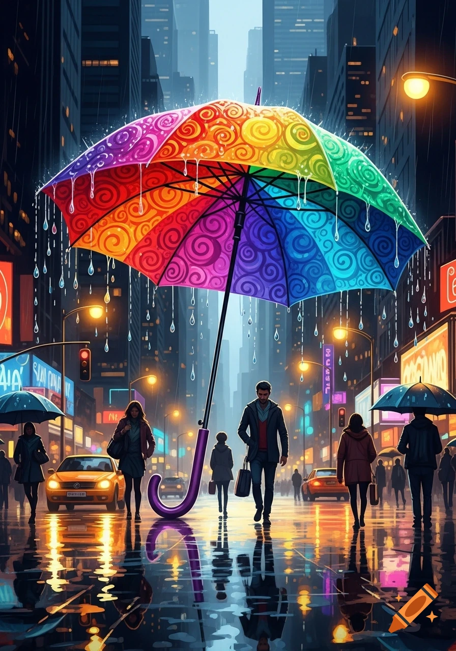 Giant rainbow umbrella dominates a rainy city street at night, with people walking amidst illuminated buildings and wet reflections.