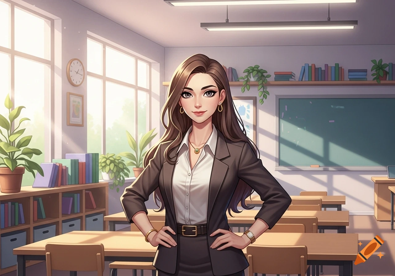 Anime-style illustration of a smiling female teacher with long brown hair, wearing a suit, standing confidently in a bright classroom.