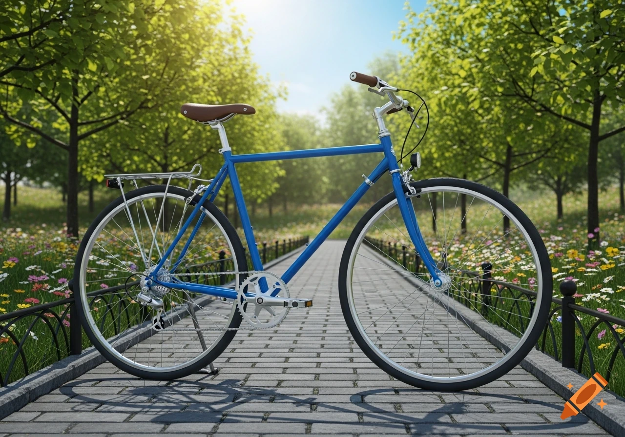 A blue road bike with a brown seat and silver rack is parked on a brick path in a sunny park filled with green trees and colorful flowers.