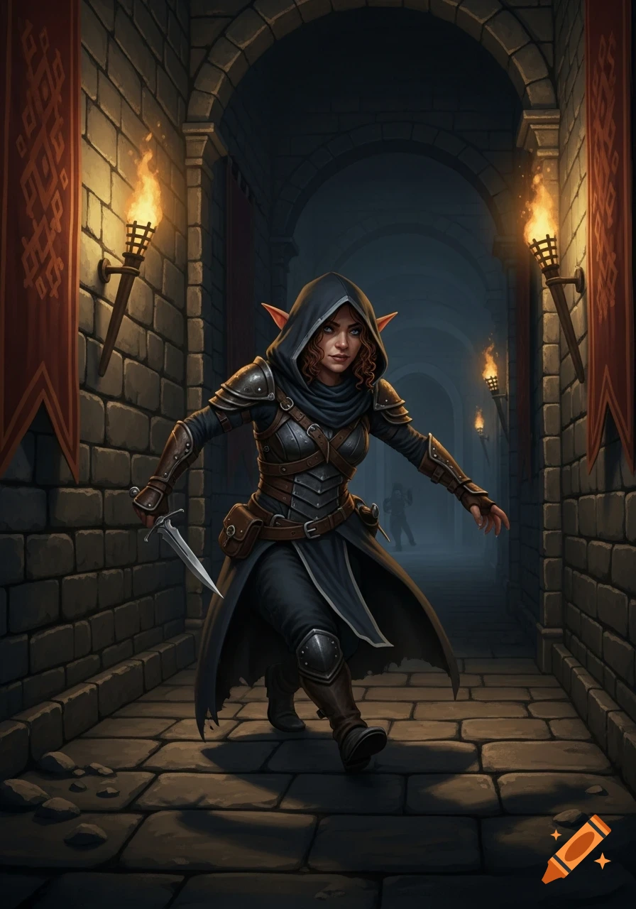 A fantasy elf rogue in a dark stone dungeon hallway, lit by torches, holding a dagger and moving forward.