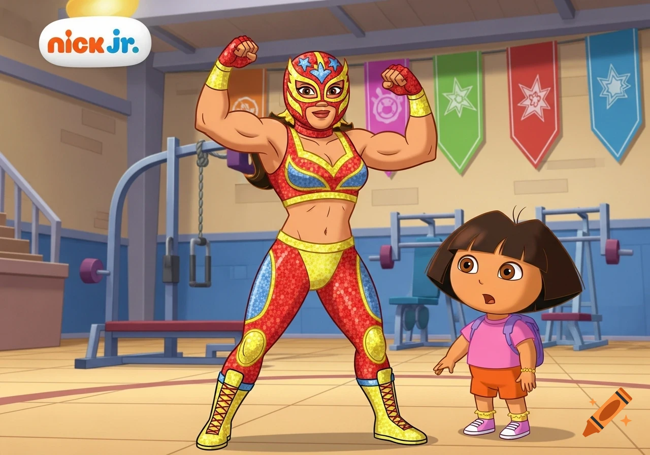 A muscular cartoon female masked luchador flexes in front of a surprised Dora the Explorer in a gym.