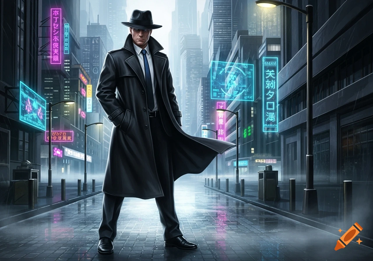 A man in a black trench coat and fedora stands in a futuristic city street with neon signs and holographic displays, in a cyberpunk style.