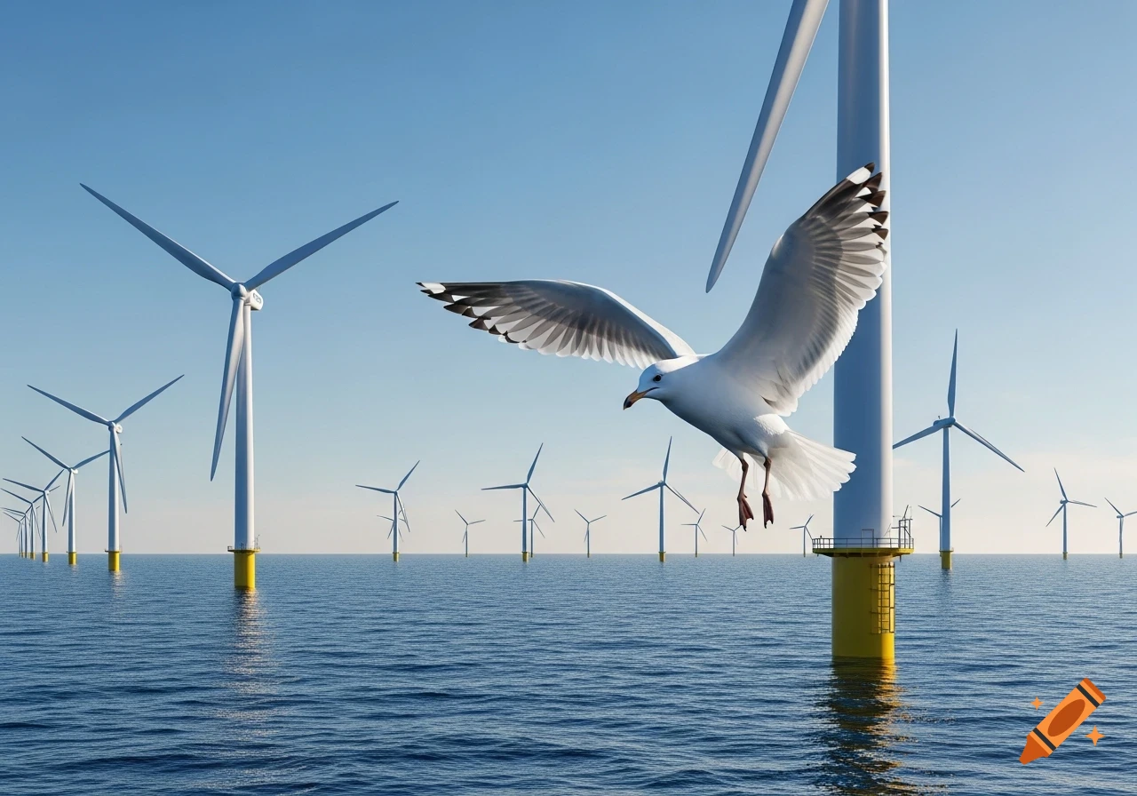 A photorealistic image of a seagull with outstretched wings flying over a calm blue sea dotted with white offshore wind turbines.