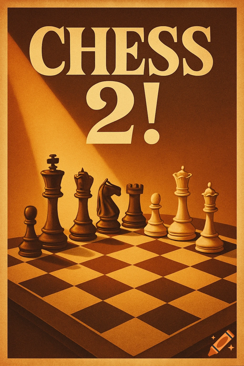 A retro-style poster for 'Chess 2!' with chess pieces on a checkerboard under a warm spotlight.