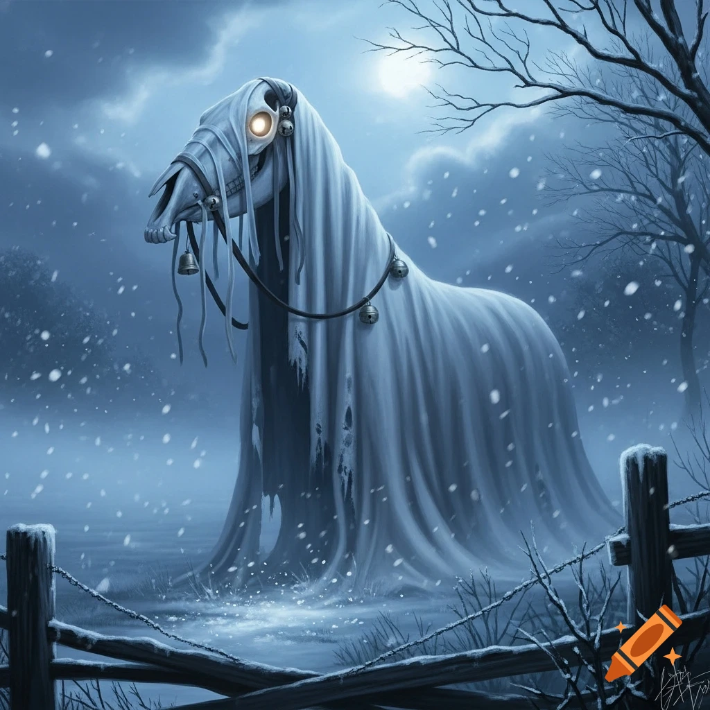 A ghostly skeletal horse draped in white with glowing eyes stands in a snowy winter field at night by a wooden fence.