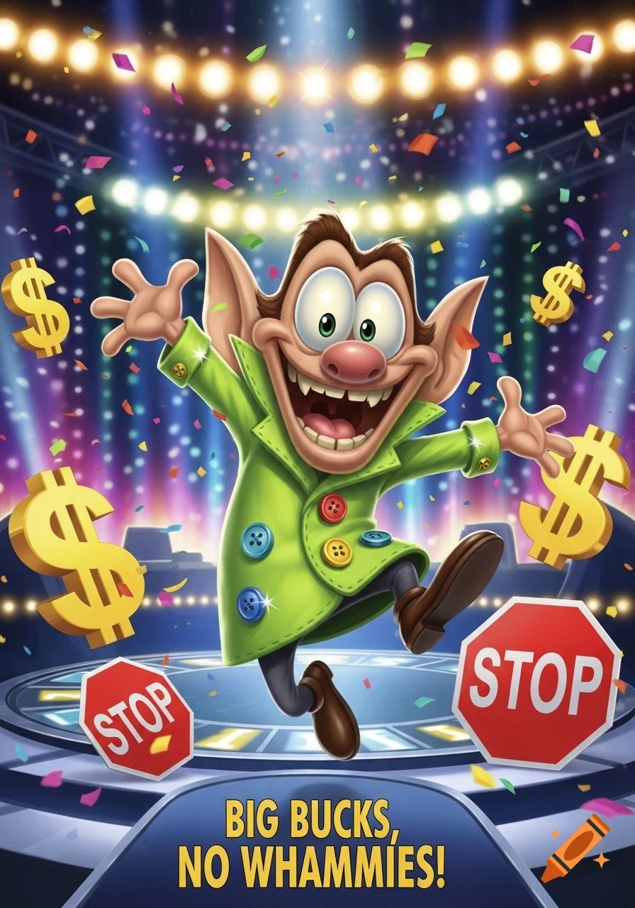 A cartoon Whammy character in a green coat jumps on a game show stage with confetti, dollar signs, 'STOP' signs, and the text 'BIG BUCKS, NO WHAMIES!'.