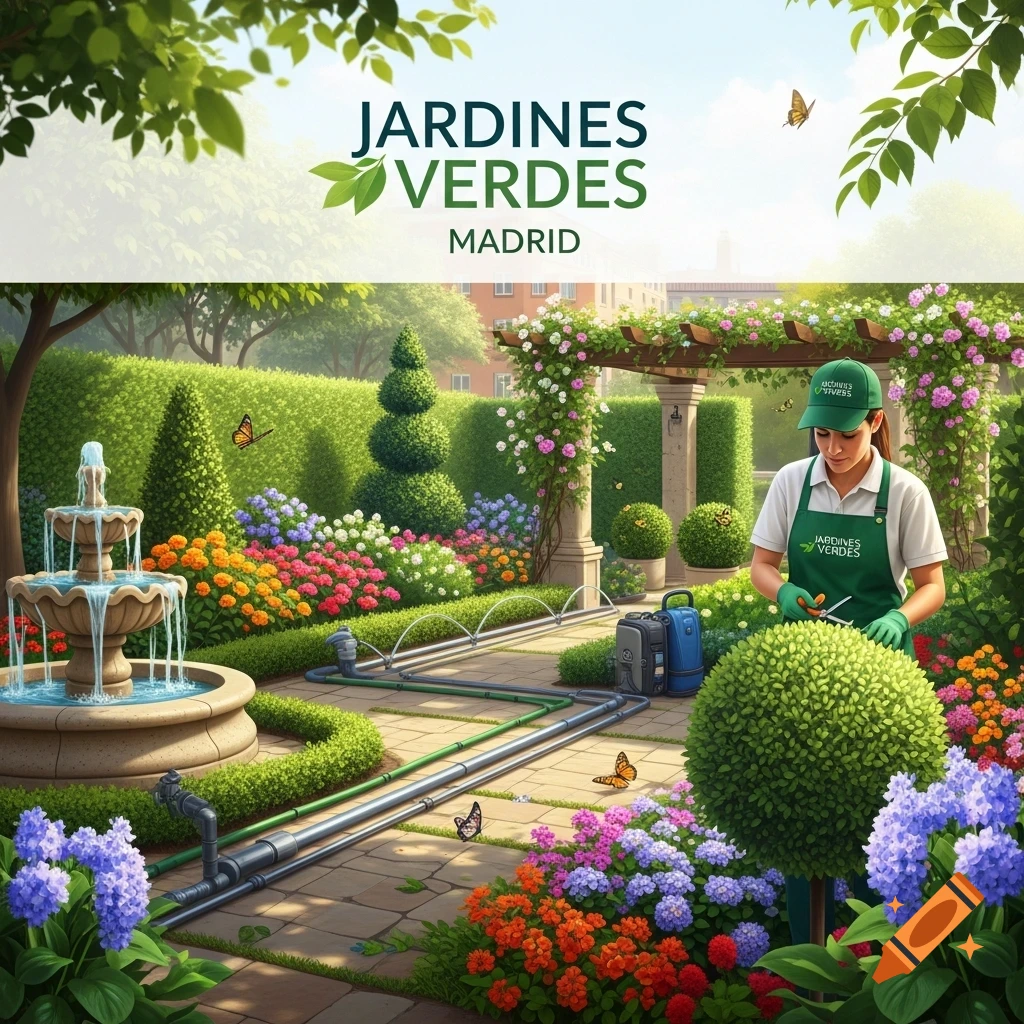 A gardener prunes plants in a lush, colorful garden with a fountain. The 'Jardines Verdes Madrid' logo is at the top.
