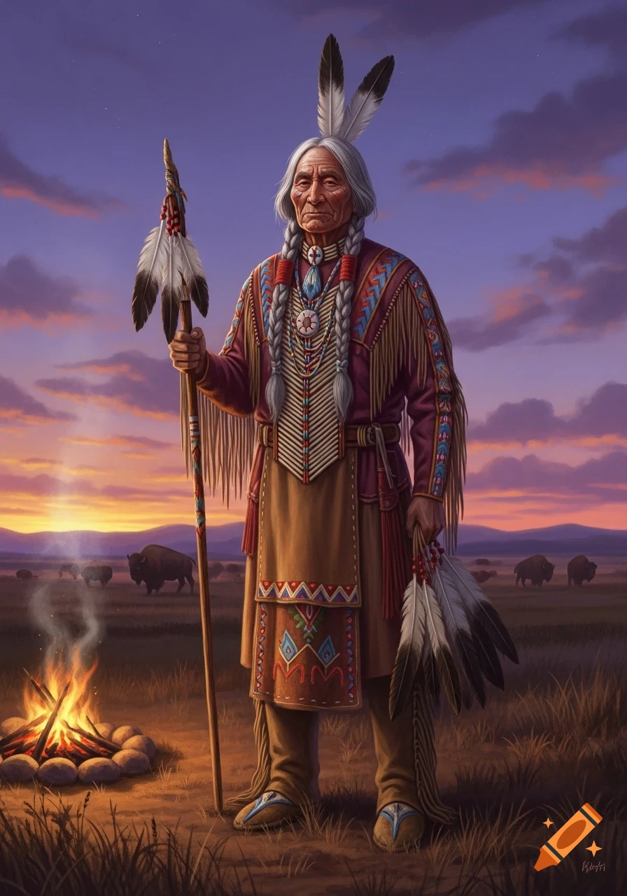A Native American man in traditional attire with a feathered staff stands by a campfire at sunset, with buffalo in the distance.