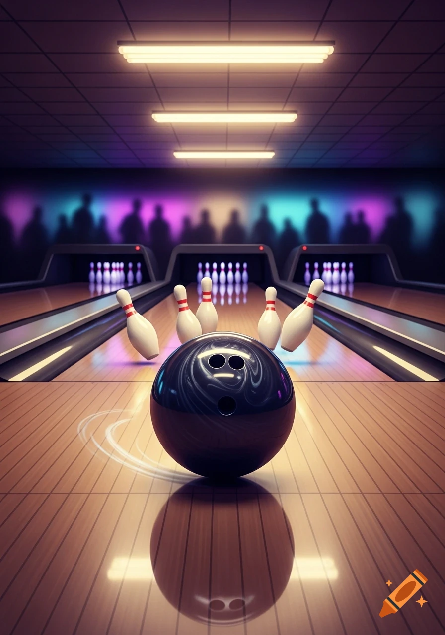 A black bowling ball rolls down a wooden lane towards several falling white pins, with neon lights and silhouetted figures in the background.