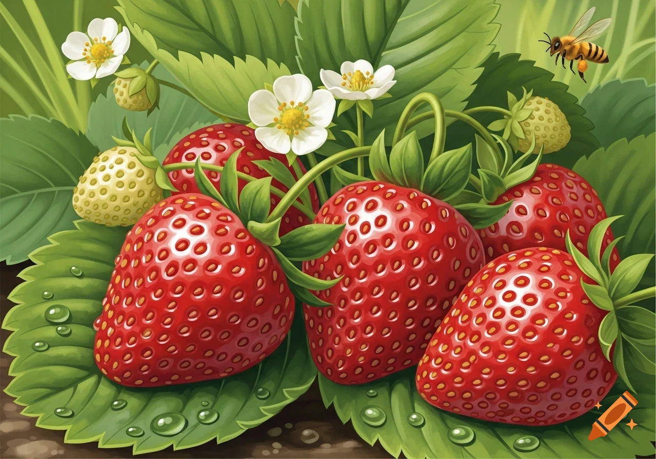 A vibrant illustration of ripe red strawberries, green leaves with dewdrops, white flowers, and a bee flying above.