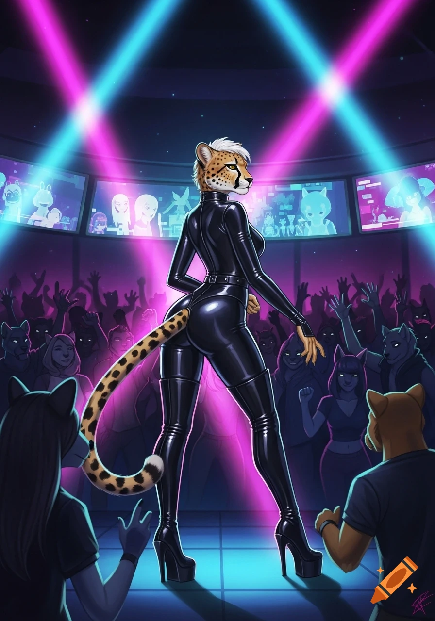 A female anthro cheetah in a black latex catsuit and goth boots poses on a stage in a vibrant cyberpunk nightclub before an audience.
