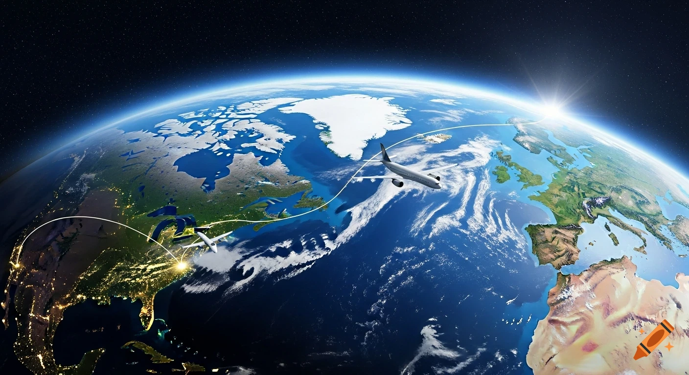 Photorealistic Earth from space, two airplanes on transatlantic flight path over Europe and North America, city lights on US coast.