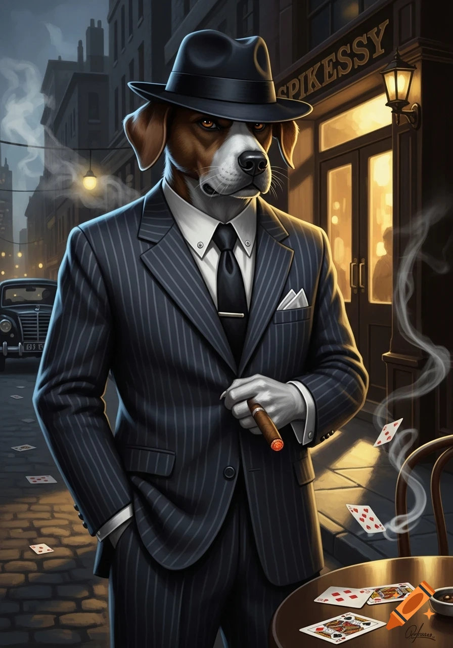 A stylish anthropomorphic beagle dog in a pinstripe suit and fedora holds a cigar on a dimly lit street with scattered playing cards, in a noir style.