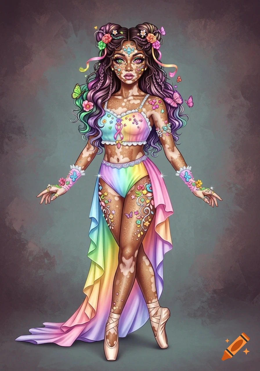 A stylized female character with vitiligo, long colorful hair, and heterochromia eyes, wearing a pastel rainbow leotard and flowing skirt, standing in ballet pointe shoes.