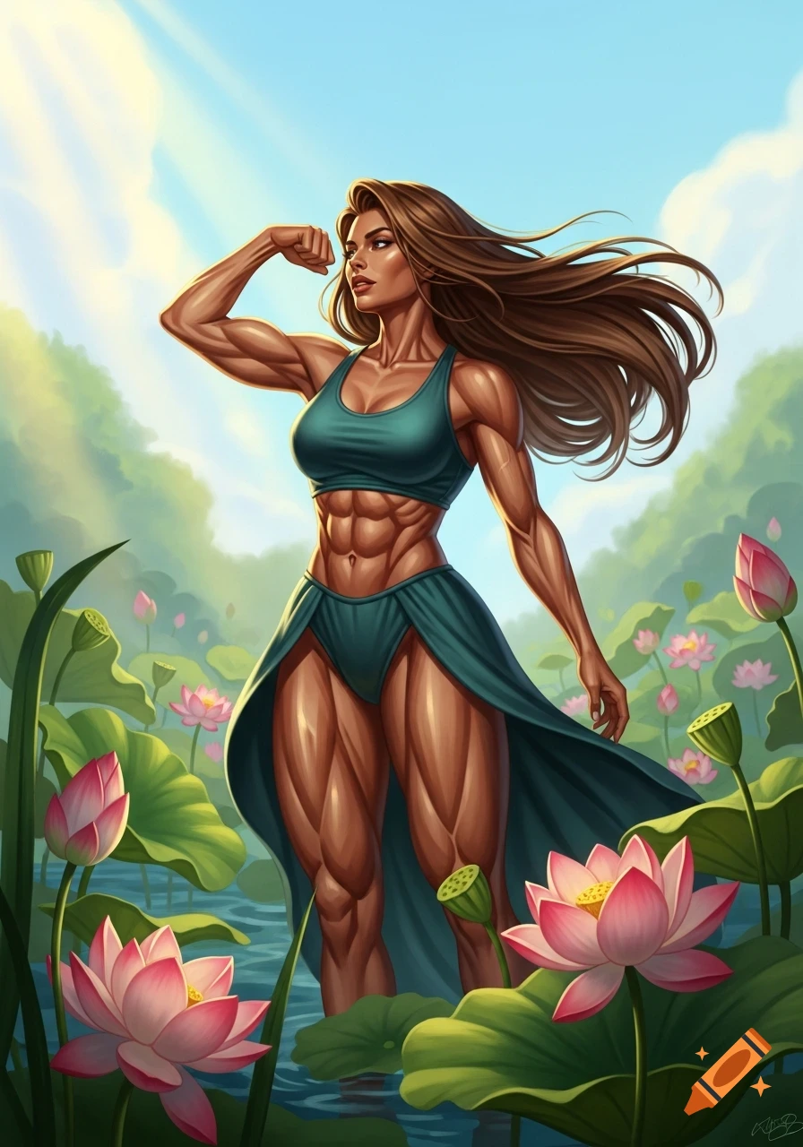 A muscular woman in a teal outfit flexes her arm amidst pink lotus flowers in a water scene, digital art.