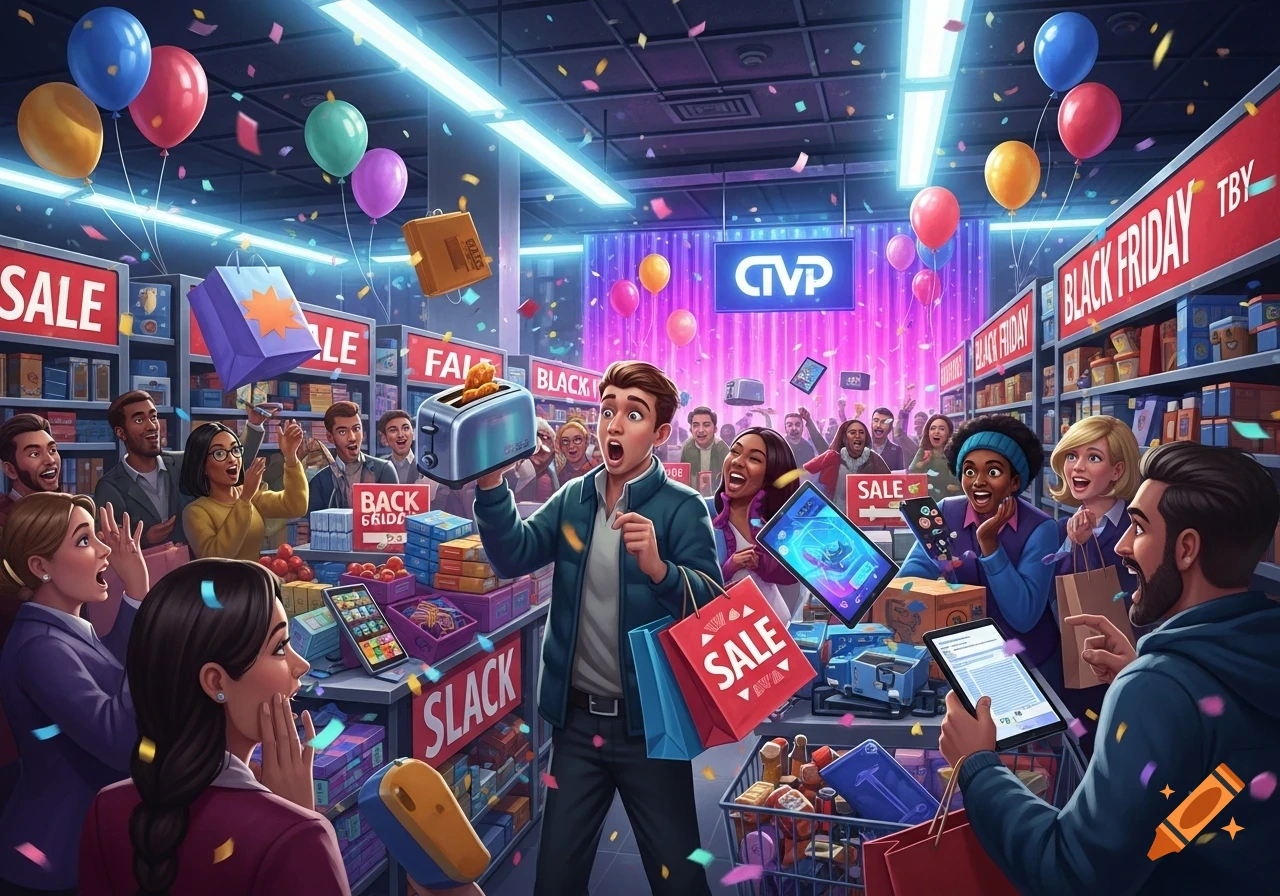 A busy, vibrant Black Friday sale in a store with shoppers, falling confetti, and various products. People react with excitement.