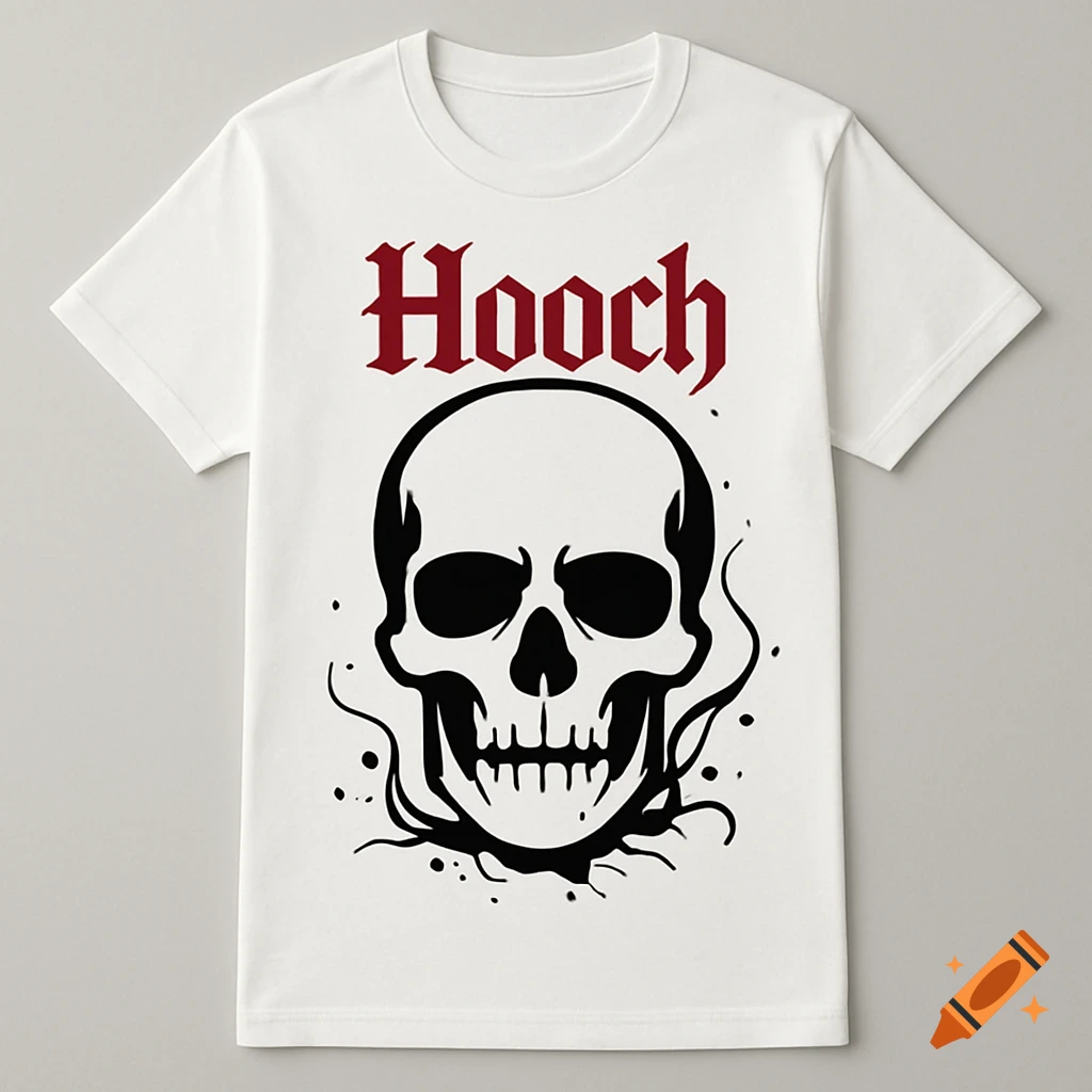 A white t-shirt featuring the word 'Hooch' in red text above a black skull design.