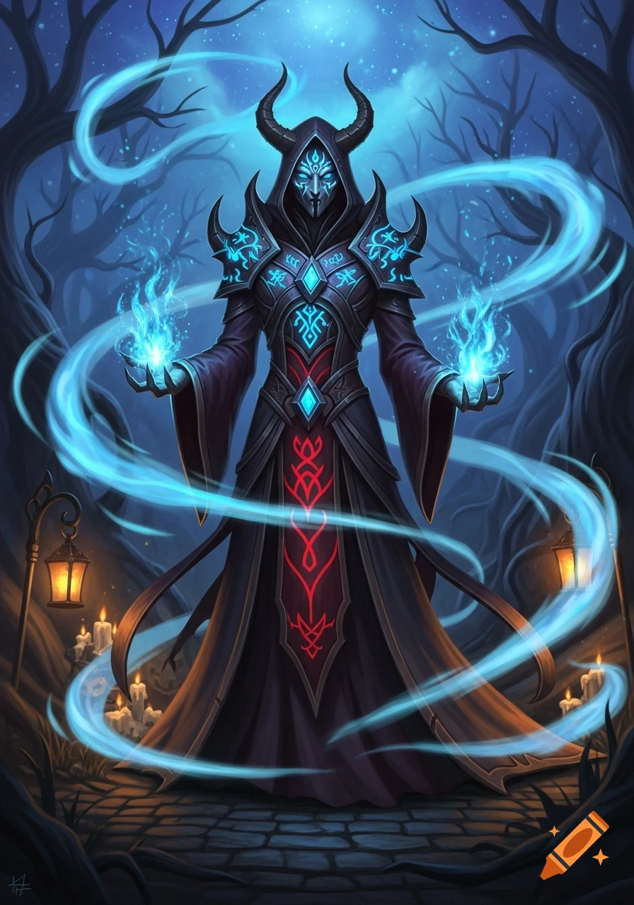 A horned figure in a dark hooded robe with glowing blue symbols conjures blue flames in a mystical dark forest.