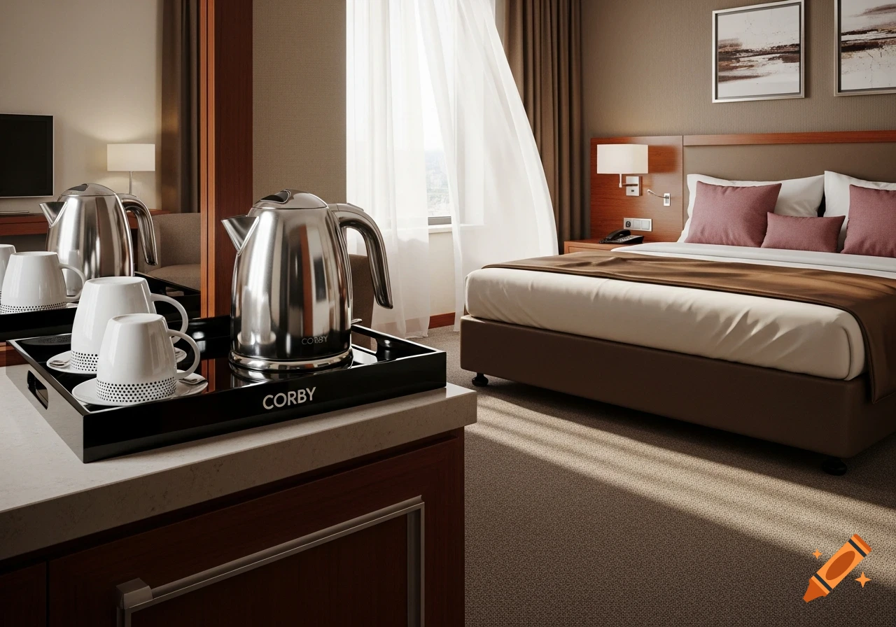 Photorealistic image of a clean hotel room with a bed and a silver Corby kettle and tray set.