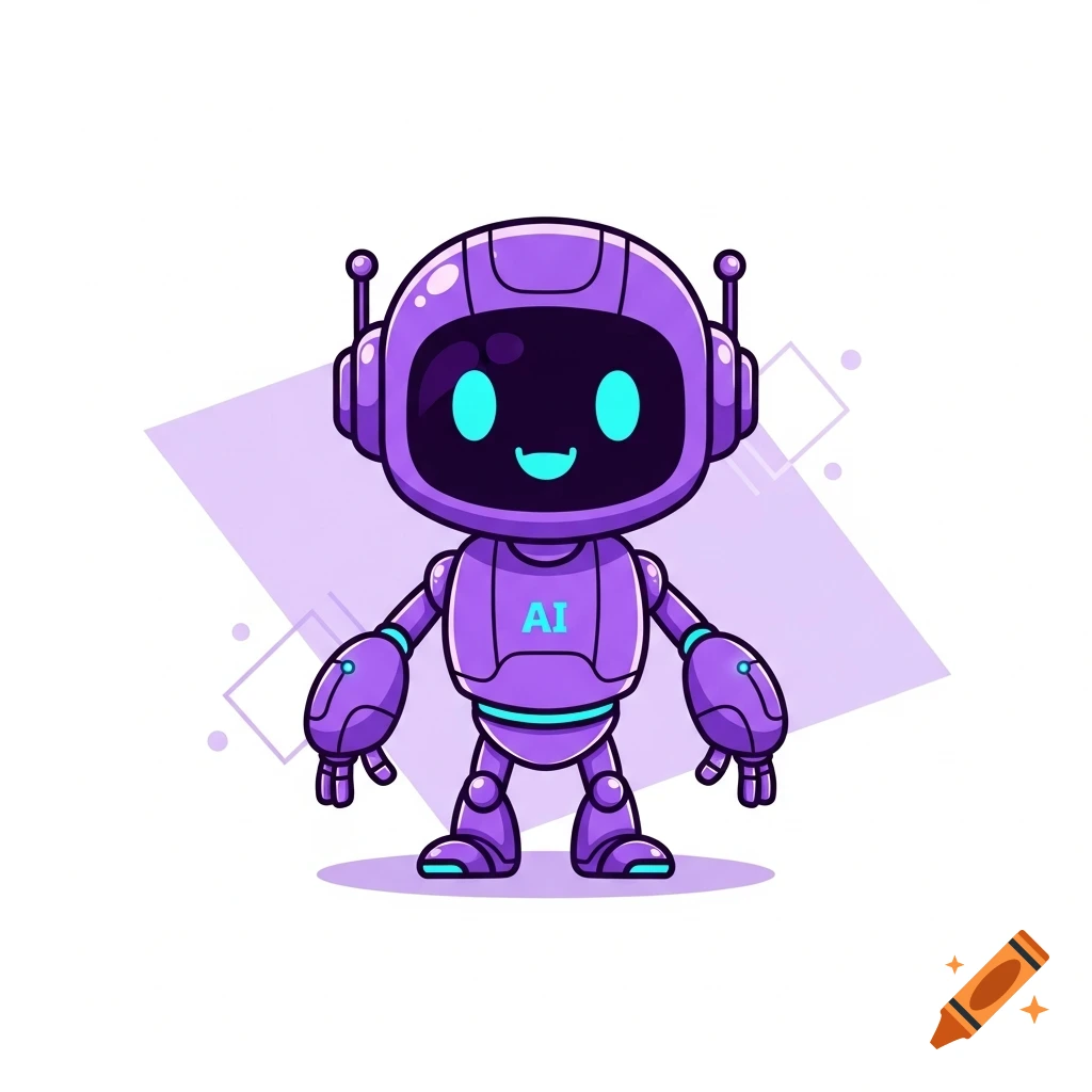 Cute purple AI robot mascot with a happy face, in a clean vector style on a simple background.
