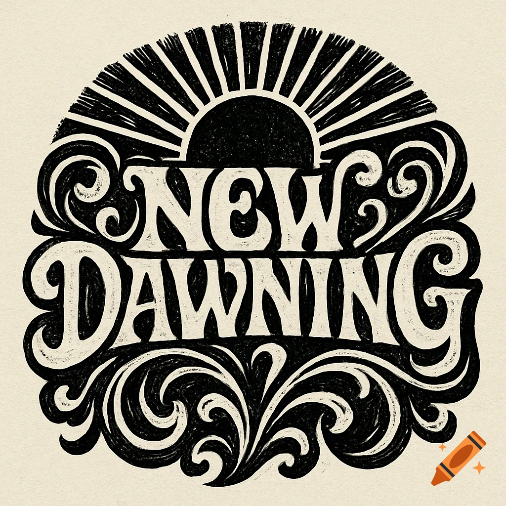 Black and white psychedelic logo for "New Dawning" with a sun rising behind stylized, ornate lettering, in a woodcut style.
