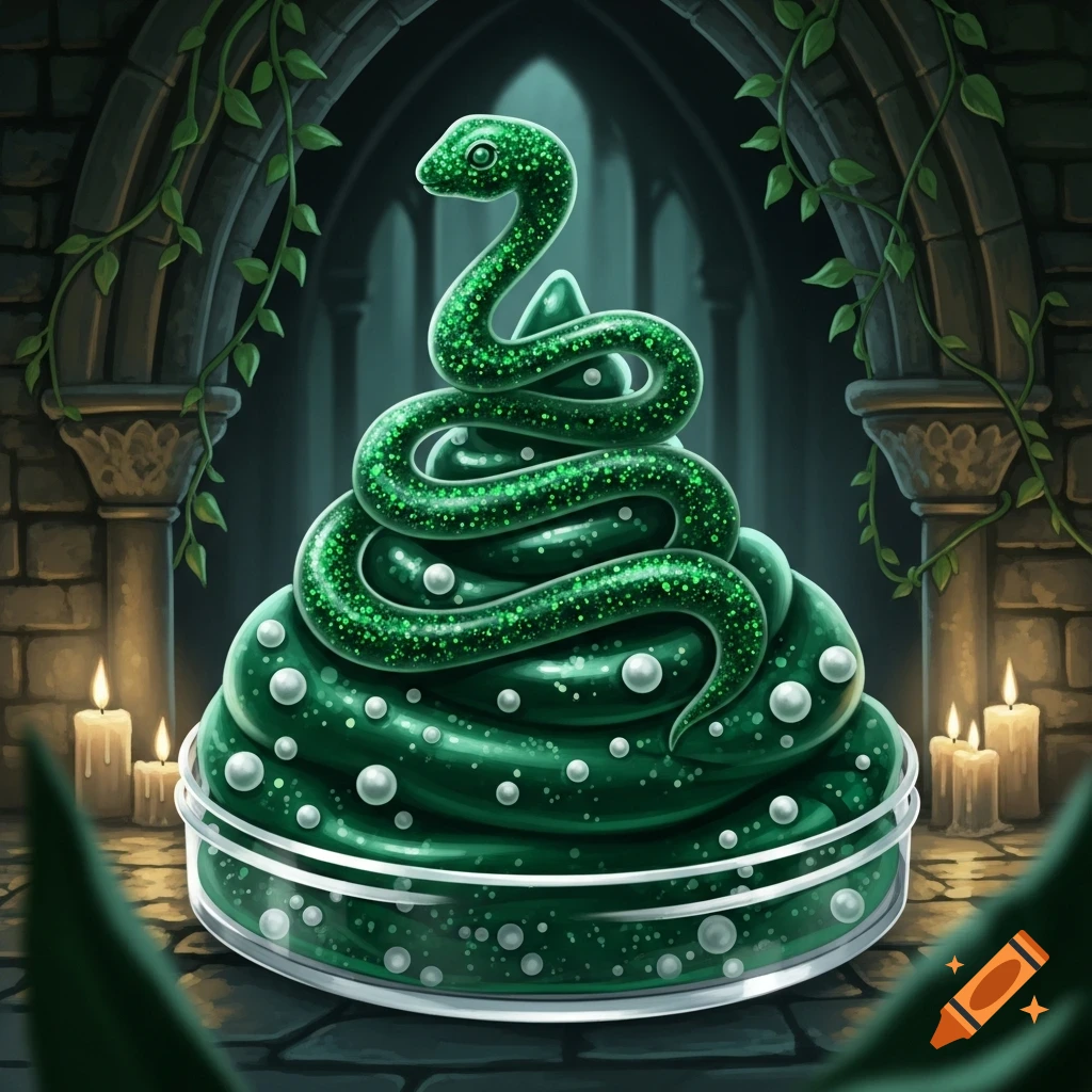 A green glittery snake coiled atop dark green slime with white pearls in a clear container, set in a gothic stone archway with lit candles.