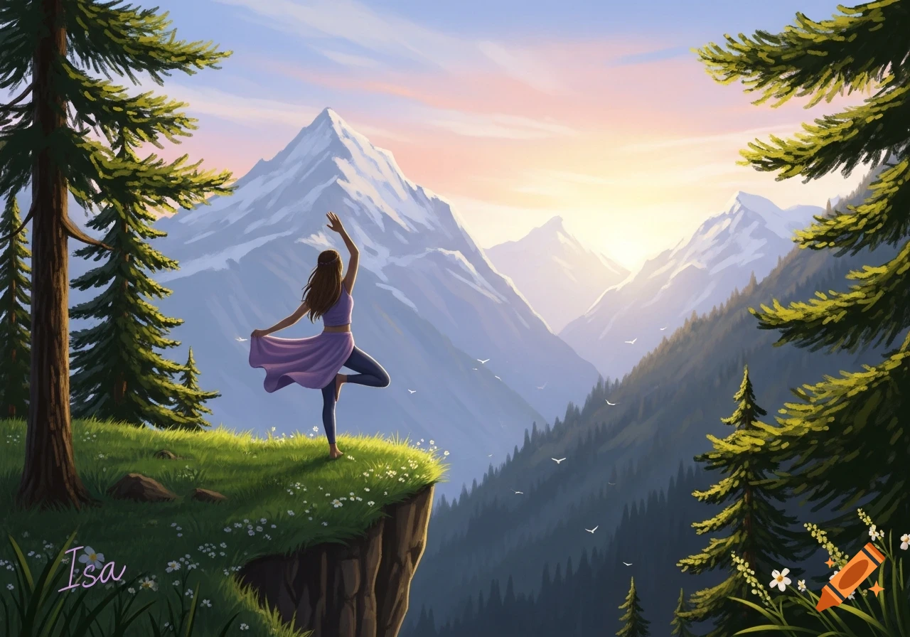 A woman in a yoga pose on a grassy cliff with mountains and trees in the background, bathed in the light of sunrise, digital art.