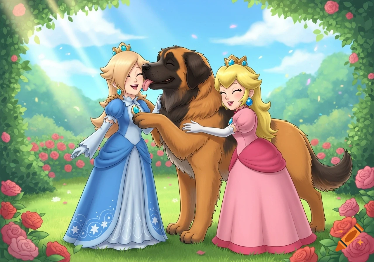Princess Rosalina smiling as a large Leonberger dog licks her face, while Princess Peach hugs the dog in a sunny garden, anime style.