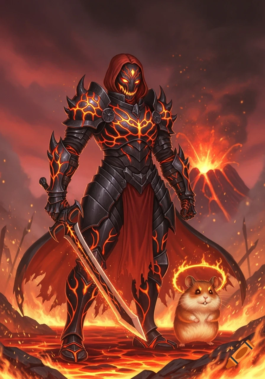 A magma demon slayer in glowing black and orange armor wields a sword next to a cute hamster with a fiery halo, on a volcanic landscape.