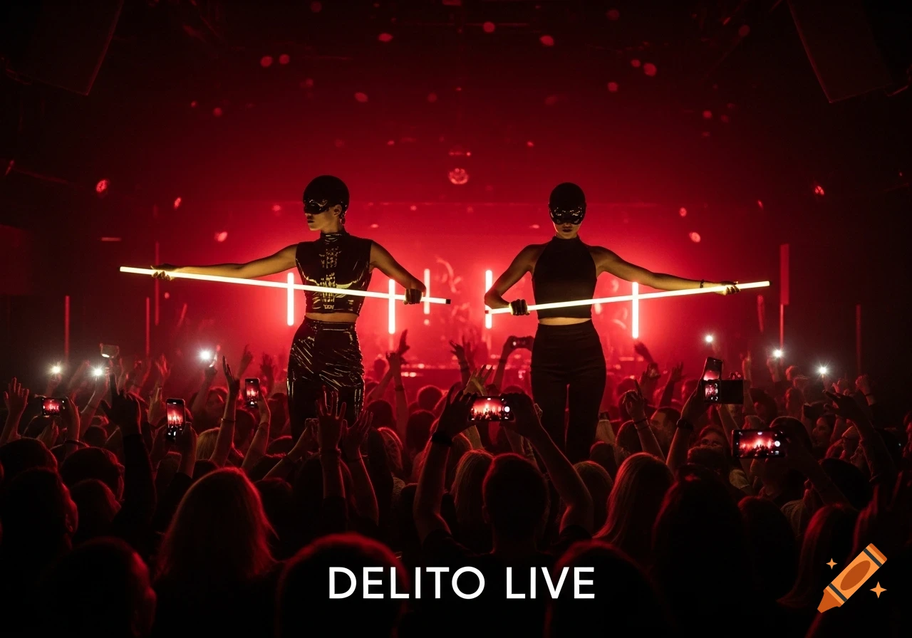 Two masked performers on a red-lit nightclub stage holding glowing light bars, with a crowd recording on phones.