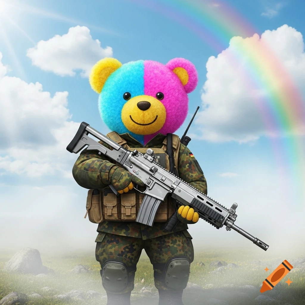A colorful teddy bear dressed in a military camouflage uniform holds a rifle under a sunny sky with a rainbow.