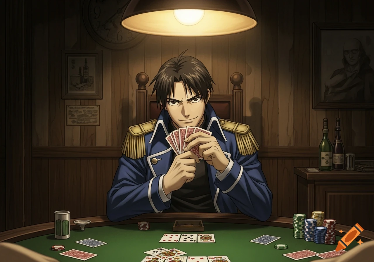 An anime man in a blue military-style uniform with gold epaulets sits at a green poker table, holding cards with a sly expression.