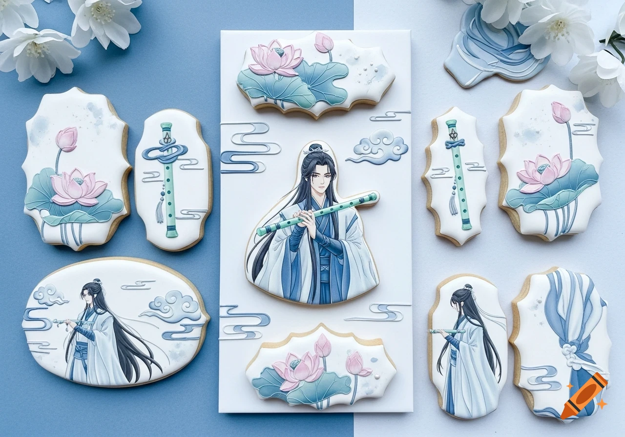 Decorated cookies featuring the anime character Lan Wangji, flutes, and pink lotus flowers on a blue background.